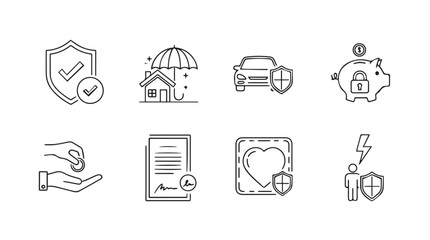 Diverse insurance icons set representing security protection and financial planning concepts vector