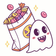 Cute ghost with candy bag and pink candies trick or treat