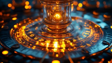 Illuminated intricate mechanism with glowing symbols and technological elements