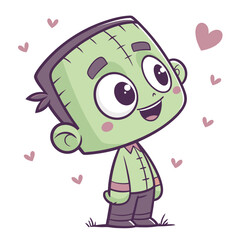 Cute green frankenstein monster with pink hearts cartoon