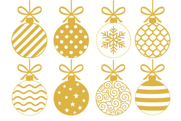 Golden christmas ornaments with festive patterns, hanging baubles, vector illustration, transparent background