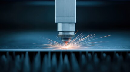 The intricate process of laser cutting, capturing a close-up view of precision technology in action, with sparks flying as the laser etches and shapes the material.