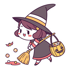 Cute kawaii witch with candy corn and broom halloween