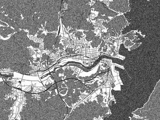 Obraz premium Hand-drawn style black and white city map of Miyako, Japan, ready for wall art or editorial projects.