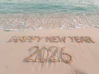 Happy New Year 2026 text written on clean white sand at the beach with ocean waves in the background, symbolizing celebration and fresh beginnings