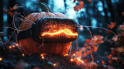 VR headset displaying nightmare patterns, neural interface cables connecting to pumpkin, real-time fear metrics overlay