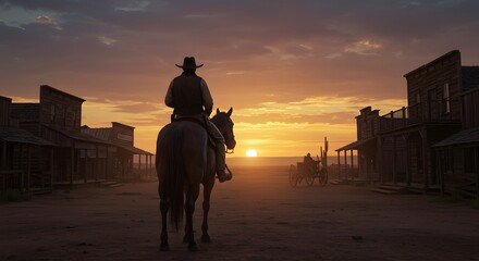 Naklejka premium Cowboy on Horseback Riding into the Sunset in a Western Town