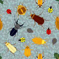 Beetle animals seamless pattern. Vector design template.