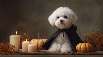 A captivating Bichon Frise, adorned in a mysterious cape, sits amidst festive candles and miniature pumpkins, embodying the playful spirit of the autumn holiday in a charming scene.