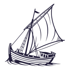 Dark Blue Fishing Boat Sailing on Waves Silhouette