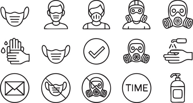 Hygiene protection vector icons set with masks sanitizer and prevention medical care graphics