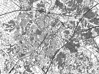 Naklejka premium Black and white illustrated map of Narita, Japan, with streets, rivers, and neighborhoods.