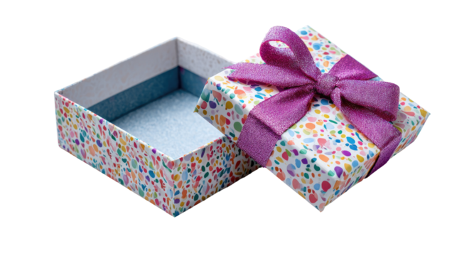 Opened small gift box with a colorful polka dot pattern and a purple ribbon bow - Powered by Adobe