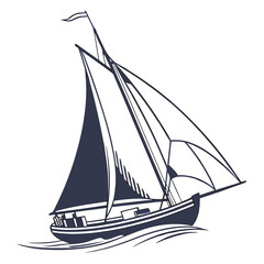 Dark blue sailboat with sails on white background sailing