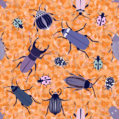 Beetle animals seamless pattern. Vector design template.