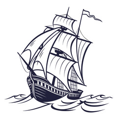 Dark blue sailing ship silhouette on white water white background