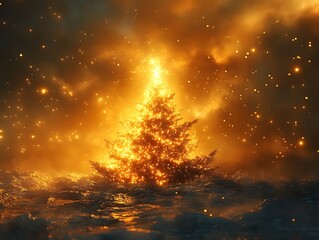 Spectacular illuminated christmas tree casting a magical glow in a serene seascape