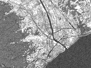 Monochrome sketch map of Odawara, Japan, ideal for posters, prints, and travel design.