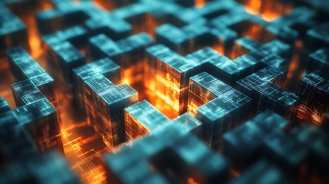 Digital interconnected matrix of glowing blocks, futuristic network concept
