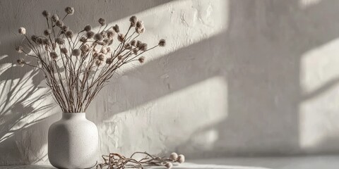 A white vase with dried flowers on a textured concrete wall with a shadow cast by a window.