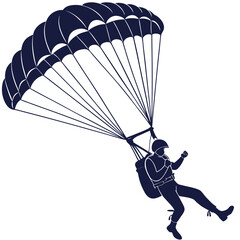 Dark blue silhouette of a skydiver with parachute descending