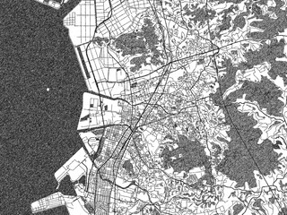 Naklejka premium Stylized decorative city map of Omuta, Japan, hand-drawn in black and white.
