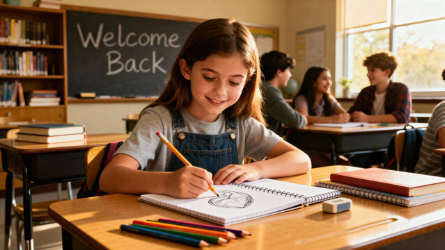 Happy elementary schoolgirl sketching in notebook during class time