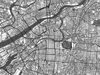 Obraz premium Poster-ready monochrome city map of Osaka, Japan, with detailed streets and rivers.