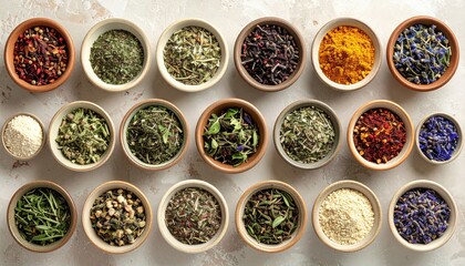 Assorted Dried Flowers and Herbs in Small Ceramic Bowls Overhead Still Life with Multicolored Natural Ingredients on Textured Background
