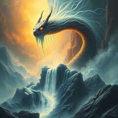 The Aether-Serpent COLLAPSING, turning pure magic into cascading waterfalls of liquid light and mountains of sentient, dark energy, Arcane Cataclysm Art