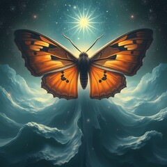 The Void-Moth EMERGES, its wings beating probability into waves of solid chance that crystallize into fleeting, impossible stars. Stochastic Genesis Saga