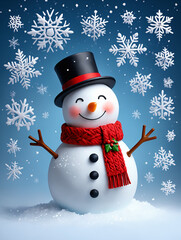 a cheerful snowman wearing a black hat and a red scarf, surrounded by snowflakes against a winter sky.
