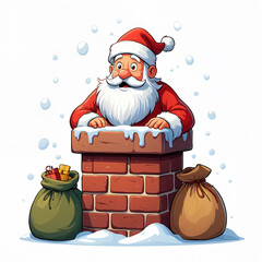 a cartoon Santa Claus in a red hat and suit, peeking out of a brick chimney. Around him are bags full of gifts, while snow is falling, creating a festive holiday mood.