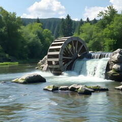 Water wheel generating power clean river CGI