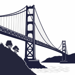 Dark blue suspension bridge silhouette over water with hills