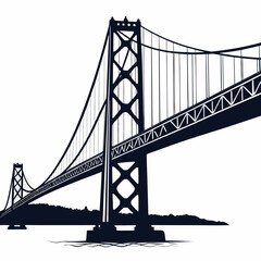 Dark blue suspension bridge silhouette over water and land