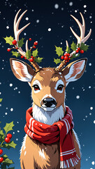 Christmas reindeer wearing a red scarf, with decorated antlers adorned with holly branches and berries, standing against a snowy winter night sky