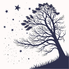 Dark blue tree silhouette with stars and grass night