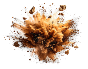 Dynamic explosion with brown, white, and black elements on a dark background