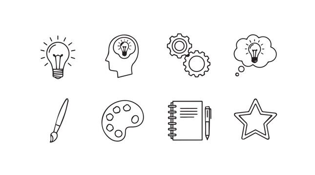 Set of eight creative idea icons featuring lightbulb brain gears paintbrush star and notebook vector