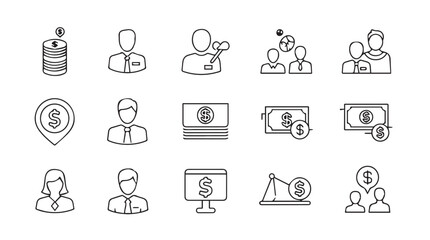 Hand drawn finance and business icons set with money people and growth charts in sketch style vector