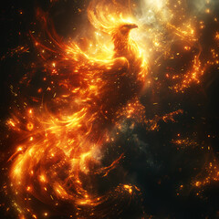 a vibrant fiery Phoenix bird, spreading its blazing wings and tail against a dark, blurred background with golden sparks, creating a dramatic and mystical image of rebirth.	