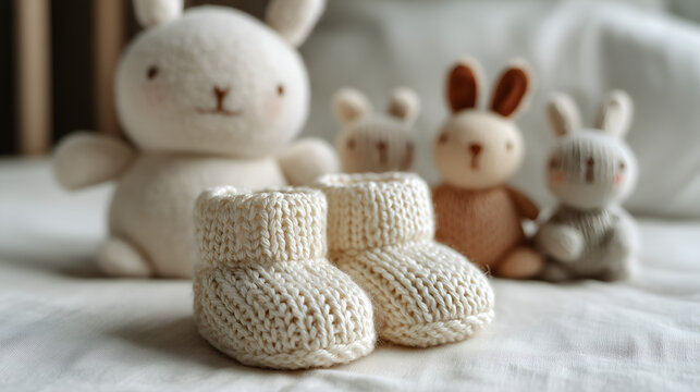 Baby booties close-up with delicate texture, cozy childhood accessory, soft minimalism and warm tender details.