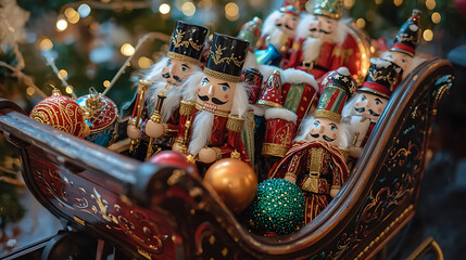 Title 1: Festive Sleigh Filled with Nutcrackers and Ornaments
