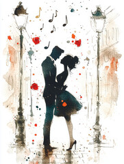 a romantic watercolor scene of a couple’s silhouettes dancing and embracing under street lamps, surrounded by musical notes and vibrant splashes