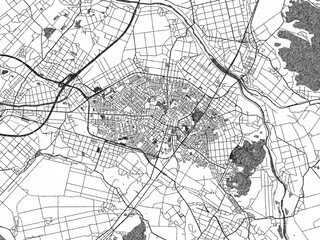 Naklejka premium Black and white illustrated map of Shibata, Japan, with streets, rivers, and neighborhoods.