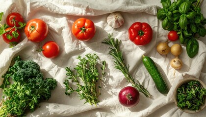 Assorted Fresh Vegetables Herbs Spices Composition on Textured White Cloth Under Natural Sunlight
