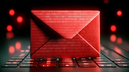 Red digital envelope conveying a cyber threat in email security concept with binary code background