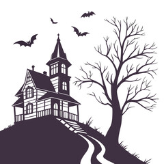 Dark purple silhouette of haunted house on hill with bats and bare tree
