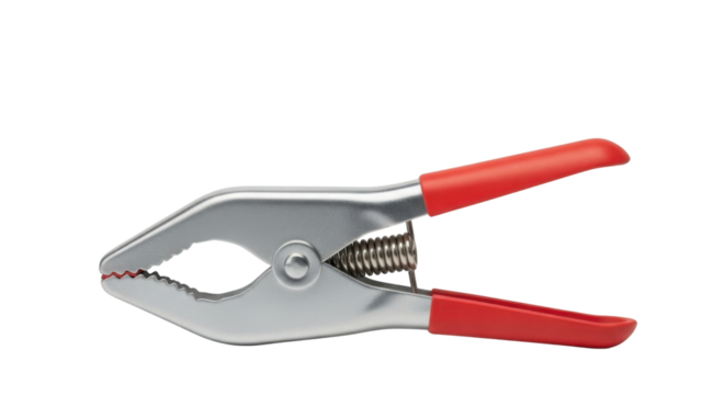 Metal spring clamp tool with red handles isolated PNG with Transparent Background